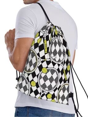 Tennis-Print Drawstring Backpack in Black & Lime